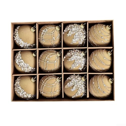 Set mit 12 Weihnachtskugeln mit Samt und Pailletten-Design, geeignet für Baum, Kranz, Hochzeit und Indoor Outdoor Hanging Use (Khaki) von GLFLOW