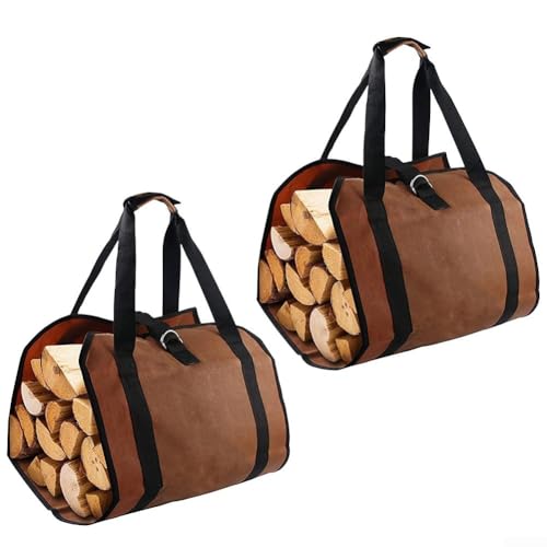 Wasserdichte Tragetasche für Brennholz, Leinen, 2 Stück, mit großem Fassungsvermögen und faltbarem Design mit Griffen für zuverlässigen Transport (dunkelbraun) von GLFLOW
