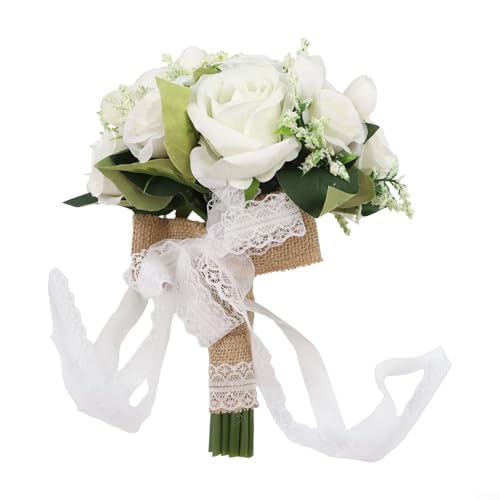 Wunderschön gestalteter Hochzeitsstrauß mit Spitzenband, künstliche Rosen für Bräute und Veranstaltungen, langlebiges Arrangement (weiß) von GLFLOW