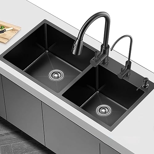GLFNB Küchenspüle Wasserhahn, Schwarze Küchenspüle Doppelspüle Großraumspüle Edelstahlspüle Großraumspüle Einschließlich Wasserhahn und Weiterem Zubehör (Size : 68x38x20cm) von GLFNB