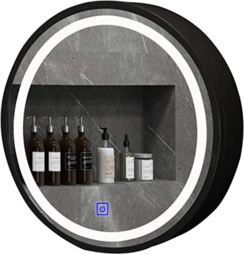 GLHalfM LED-beleuchteter Badezimmerspiegelschrank, runder wandmontierter Medikamentenschrank mit Smart-Touch-Schalter-Defogger,Schwarz C,60cm von GLHalfM