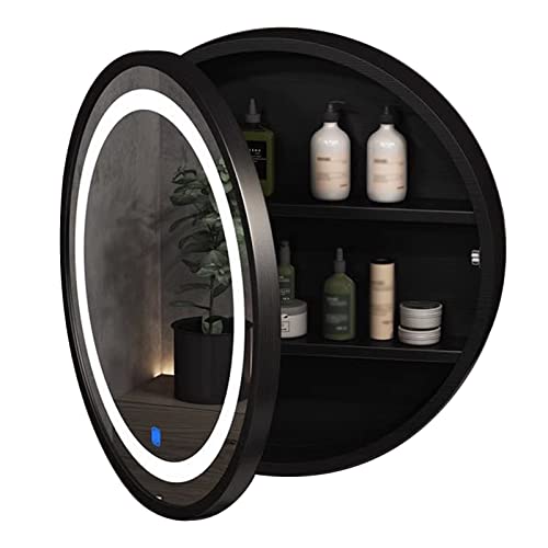 GLHalfM Runder Spiegelschrank, beleuchteter Badezimmerspiegelschrank, schwarzer Badezimmerspiegelschrank, Wand-Kosmetikspiegel mit Ablagefach (Größe: 60 cm) von GLHalfM
