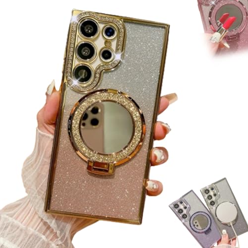 Transmitg for Samsung Glitter Rhinestones Magnetic Case with Kickstand & Cosmetic Mirror,Electroplated 4 Corners Airbag Anti-Fall Gradient Cover for Samsung S22/23/24 (for Samsung S23Ultra,Gold) von GLIART
