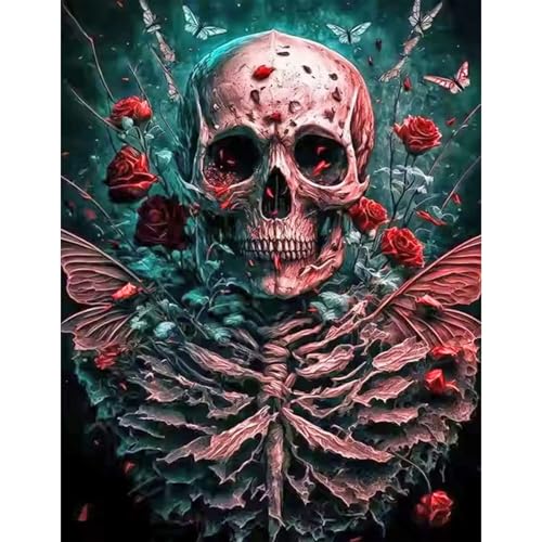 GLIDIAM 40x50cm Diamond Painting Totenkopf Rosen Skull, Diamant Malerei Bilder Gothic Horror Halloween, DIY Full Drill Basteln Erwachsene, Mosaik Stickerei Kreuzstich Geschenk für Wanddeko Wohnzimmer von GLIDIAM