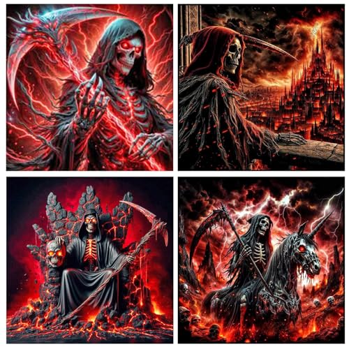 GLIDIAM 4er Set Diamond Painting Totenkopf Skull, Diamant Malerei Bilder Gothic Horror Rot, 30x30cm DIY Full Drill Basteln Erwachsene, Mosaik Stickerei Kreuzstich Geschenk für Wanddeko Wohnzimmer von GLIDIAM