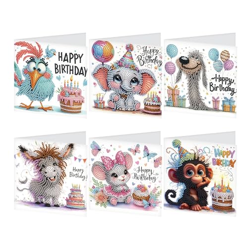 GLIDIAM 6er Set Diamond Painting Grußkarten Set Geburtstagskarte Diamond Painting Karten Dankeskarte Diamant Malerei Segensgrußkarte Feiertagskarten Stickerei Kreuzstich Geschenk || Tiere Geburtstag von GLIDIAM