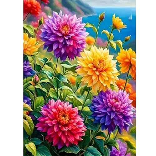 GLIDIAM Diamond Painting Blumen am Meer Dahlien, Diamant Malerei Bilder Landschaft, 30x40cm DIY Full Drill Basteln Erwachsene, Mosaik Stickerei Kreuzstich Geschenk für Wanddeko Wohnzimmer Schlafzimmer von GLIDIAM