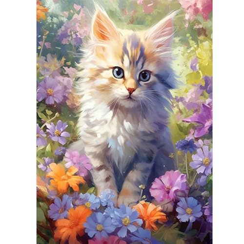 GLIDIAM Diamond Painting Katze Blumen, Diamant Malerei Bilder Tiere Landschaft, 30x40cm DIY Full Drill Basteln Erwachsene, Mosaik Stickerei Kreuzstich Geschenk für Wanddeko Wohnzimmer Schlafzimmer von GLIDIAM