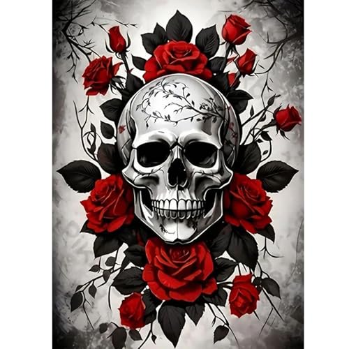 GLIDIAM Diamond Painting Totenkopf Rosen Skull, Diamant Malerei Bilder Gothic Horror Halloween, 30x40cm DIY Full Drill Basteln Erwachsene, Mosaik Stickerei Kreuzstich Geschenk für Wanddeko Wohnzimmer von GLIDIAM