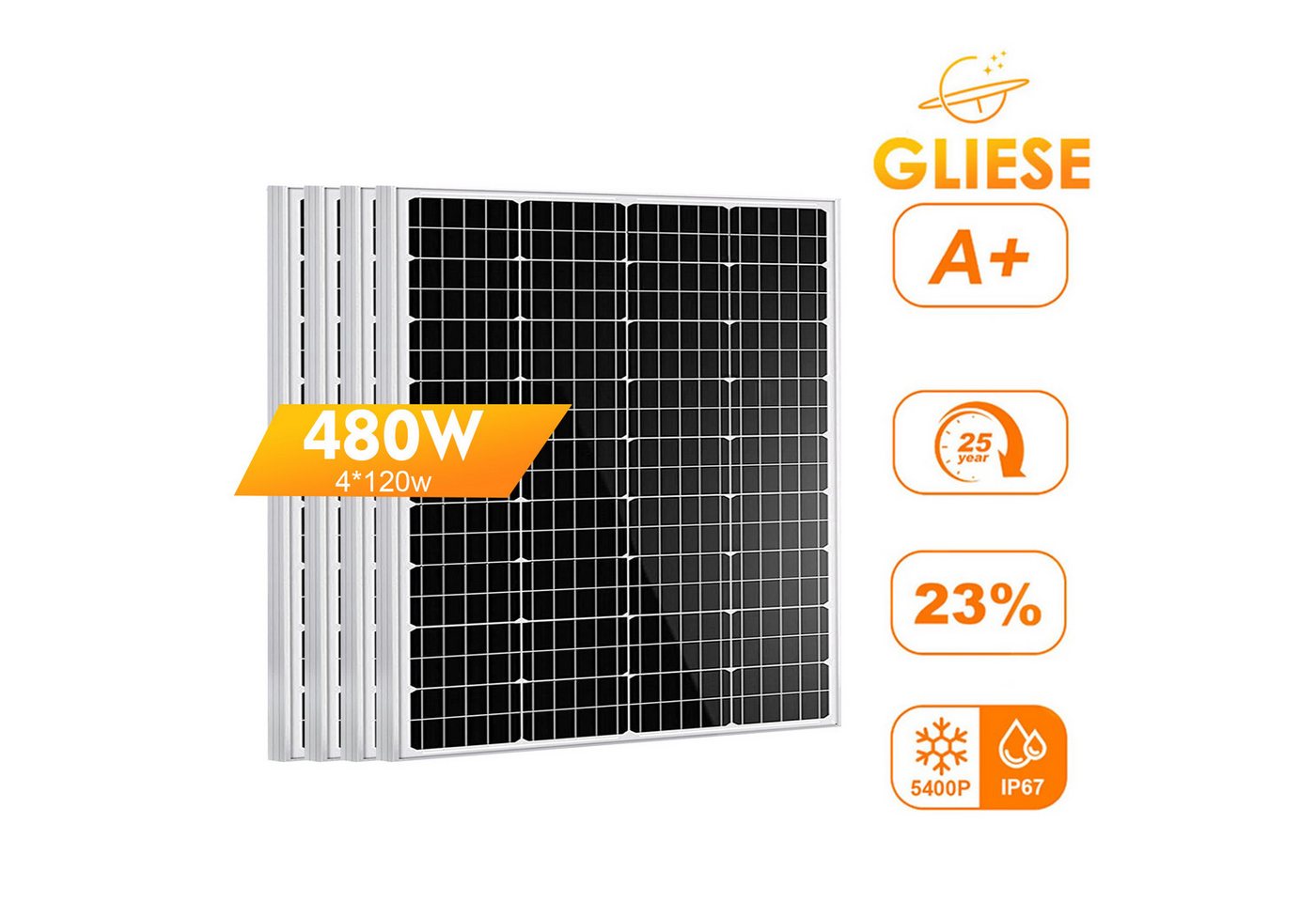 GLIESE Balkonkraftwerk 480W Solarpanel 12V Für Balkonkraftwerk Wohnmobil Off-Grid-Systeme, Monokristallin, (4-St., Solarmodule), Kaskadierbar in Strings parallel/seriell von GLIESE