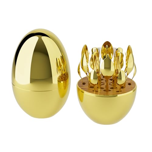 GLIESE Besteck Set für 6 Personen,Essbesteck 24 teilig,Essbesteck Set mit Messer Gabel Löffel,416 Edelstahl für Familie/Party/Restaurant,Mit eiförmiger Aufbewahrungsbox, Gold von GLIESE
