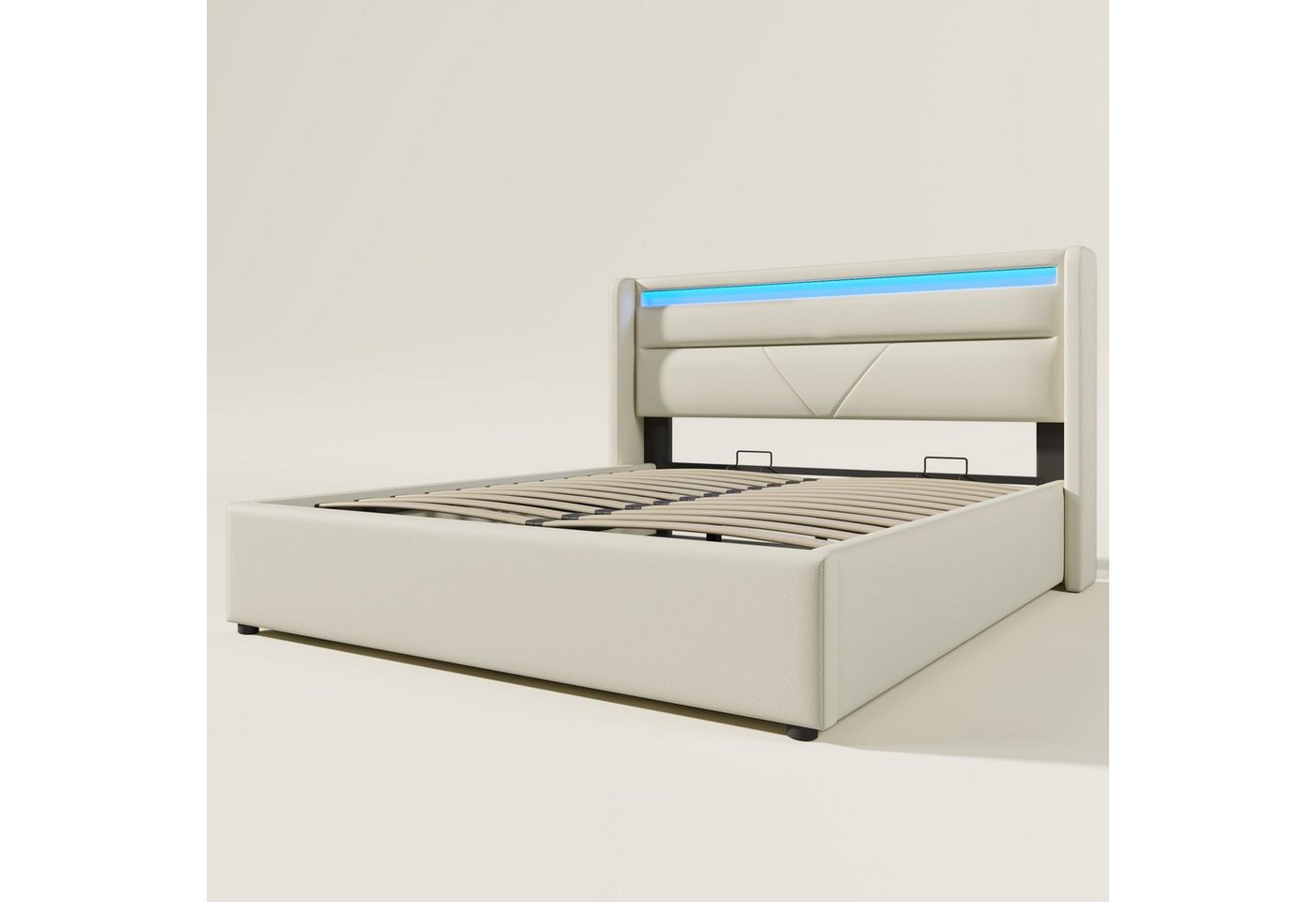 GLIESE Polsterbett 160x200cm Doppelbett Stauraumbett mit LED-Beleuchtungsleiste von GLIESE