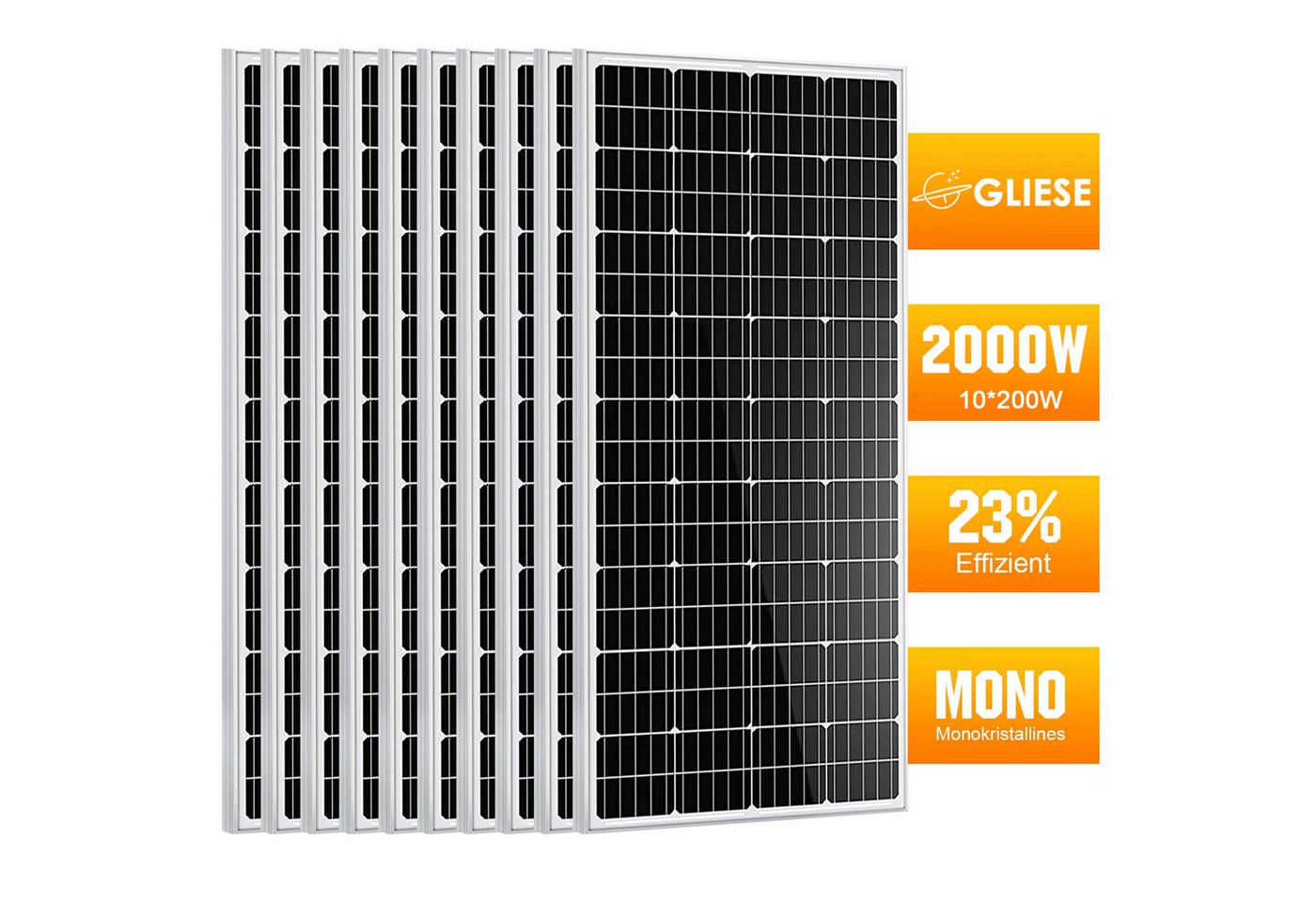 GLIESE Solaranlage 2000W Solarmodule für Wohnmobil Balkonkraftwerk, Monokristallin, (10-St., 200W Solarpanel), Mehrere Panels parallel anschließen zur Leistungserweiterung von GLIESE
