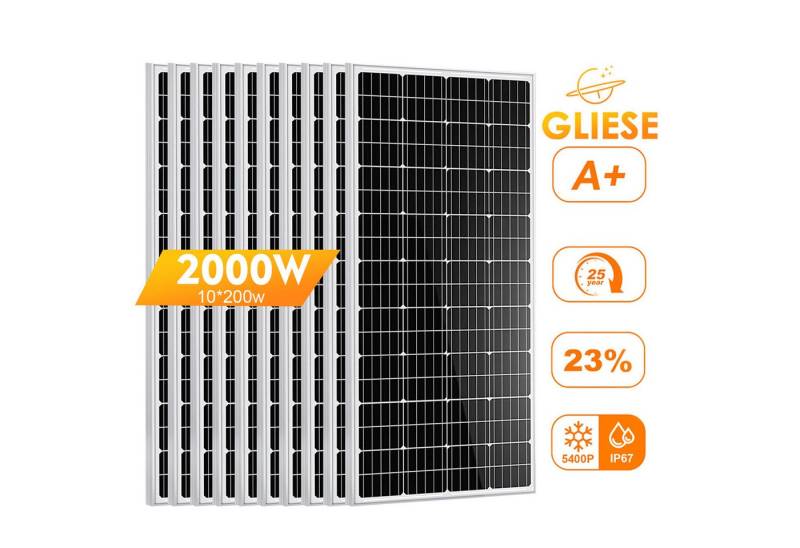 GLIESE Solarmodul 12V Solarpanel für Balkonkraftwerk Camping Wohnmobil, 2000 W, Monokristallin, (Packung, 10-St., 200W Solarmodule), Erweiterbar durch Serien- und Parallelschaltung von GLIESE