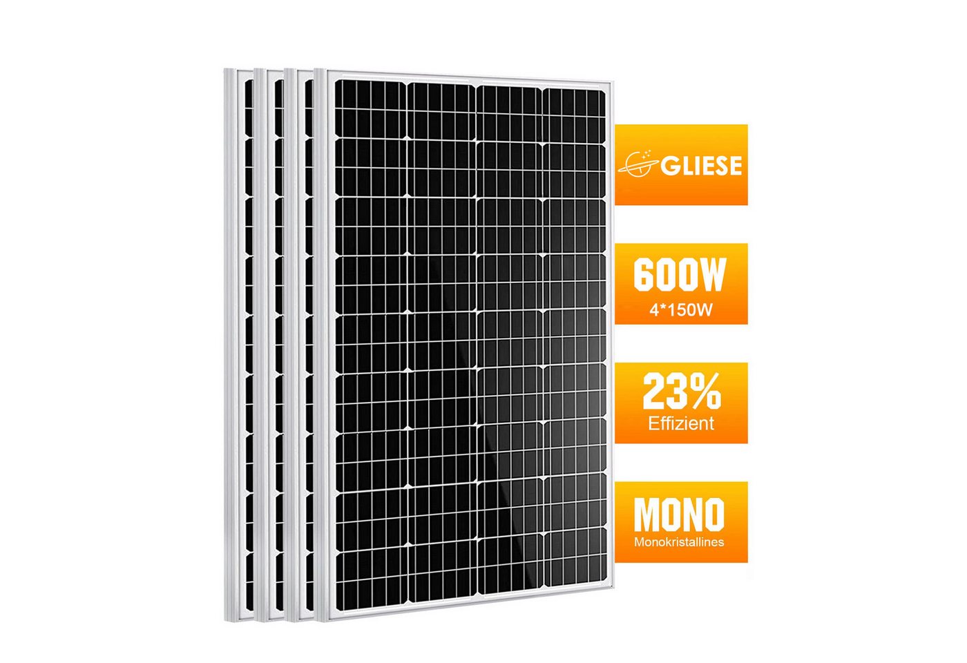 GLIESE Solarmodul 150W 300W 600W 900W Solarpanel 12V Wohnmobil Camping Pumpen, Monokristallin, (4-St., Solarmodule), Kaskadierbar in Strings parallel/seriell von GLIESE