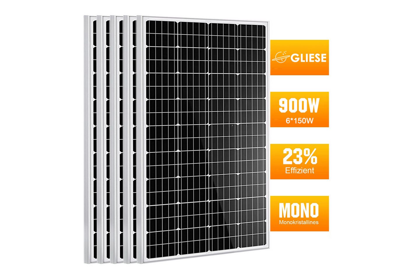GLIESE Solarmodul 150W 300W 600W 900W Solarpanel 12V Wohnmobil Camping Pumpen, Monokristallin, (6-St., Solarmodule), Kaskadierbar in Strings parallel/seriell von GLIESE
