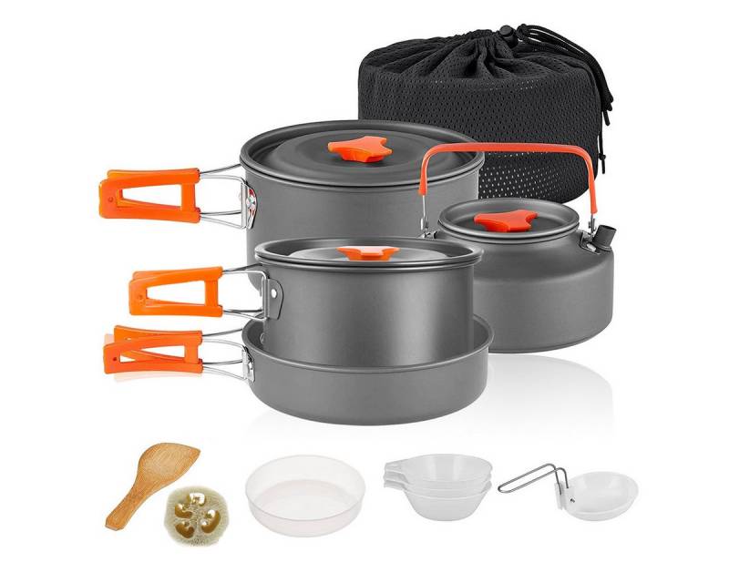 GLIESE Topf-Set Camping-Kochset für Wanderungen, Camping oder Picknicks, Aluminium (13-tlg., Topf, Bratpfanne, Kaffeekanne, Suppenlöffel,Reisöffel), für 4-5 Personen von GLIESE