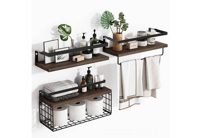 GLIESE Wandregal Holz-Schwimmregale mit Handtuchhalter aus Edelstahl und Drahtkorb, für Wohnzimmer, Küche, Bad oder Büro von GLIESE