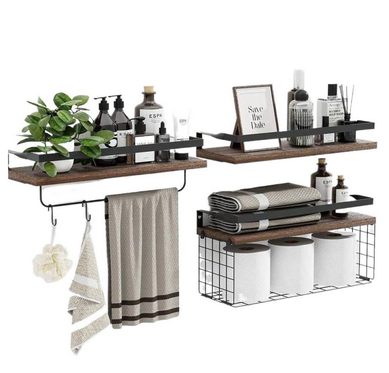 YMQHBS Wandregal Wandregal 3er Set, Schweberegal für Küchen Badezimmer Wohnzimmer Büro, mit rustikalem Holzbrett und schwarzem Metall von YMQHBS