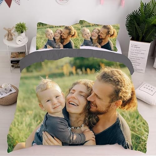 GLIKW Personalisierte Bettwäsche Set mit eigenem Foto Name, Mikrofaser Bettbezug + 2 Kissenbezug Selbst Gestalten Bedrucken Lassen Bettwäsche für Familie Weihnachten Geschenk (Personalisierte Futter) von GLIKW