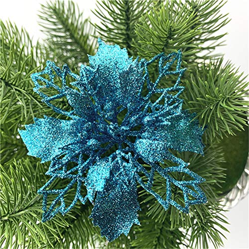 GLITZFAS 12 Stück Glitter Weihnachtsbaum Dekoration, Weihnachtsbaumschmuck Ornament Weihnachten Blumen Dekor, Christbaumanhänger (Blau,16 cm) von GLITZFAS