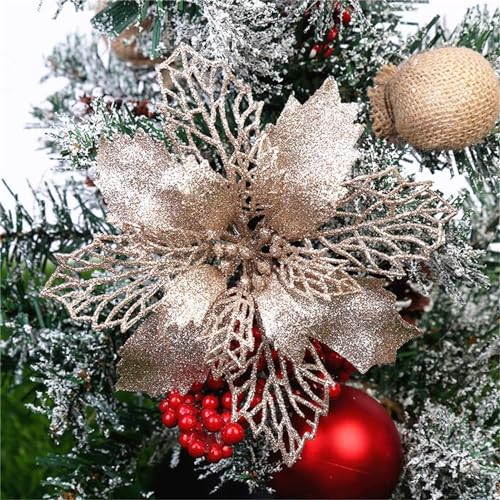 GLITZFAS 12 Stück Glitter Weihnachtsbaum Dekoration, Weihnachtsbaumschmuck Ornament Weihnachten Blumen Dekor, Christbaumanhänger (Champagner,16 cm) von GLITZFAS