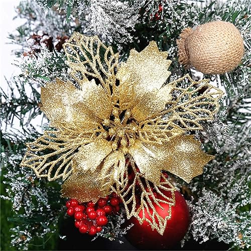 GLITZFAS 12 Stück Glitter Weihnachtsbaum Dekoration, Weihnachtsbaumschmuck Ornament Weihnachten Blumen Dekor, Christbaumanhänger (Gold,16 cm) von GLITZFAS