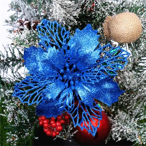 GLITZFAS 12 Stück Glitter Weihnachtsbaum Dekoration, Weihnachtsbaumschmuck Ornament Weihnachten Blumen Dekor, Christbaumanhänger (Indigo,16 cm) von GLITZFAS