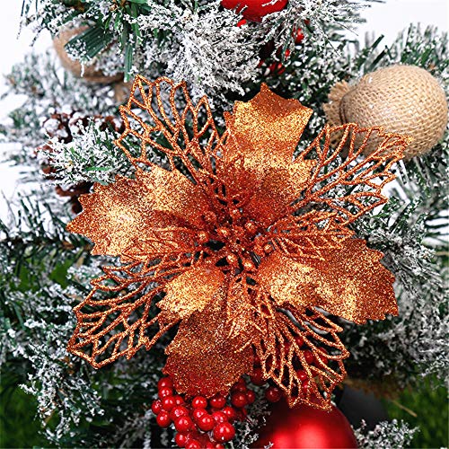 GLITZFAS 12 Stück Glitter Weihnachtsbaum Dekoration, Weihnachtsbaumschmuck Ornament Weihnachten Blumen Dekor, Christbaumanhänger (Orange,16 cm) von GLITZFAS