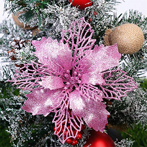 GLITZFAS 12 Stück Glitter Weihnachtsbaum Dekoration, Weihnachtsbaumschmuck Ornament Weihnachten Blumen Dekor, Christbaumanhänger (Rosa,16 cm) von GLITZFAS