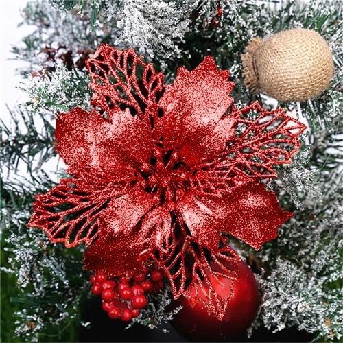 GLITZFAS 12 Stück Glitter Weihnachtsbaum Dekoration, Weihnachtsbaumschmuck Ornament Weihnachten Blumen Dekor, Christbaumanhänger (Rot,16 cm) von GLITZFAS