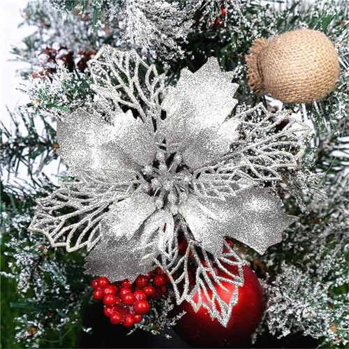 GLITZFAS 12 Stück Glitter Weihnachtsbaum Dekoration, Weihnachtsbaumschmuck Ornament Weihnachten Blumen Dekor, Christbaumanhänger (Silber,16 cm) von GLITZFAS