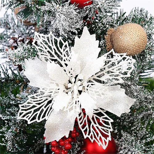 GLITZFAS 12 Stück Glitter Weihnachtsbaum Dekoration, Weihnachtsbaumschmuck Ornament Weihnachten Blumen Dekor, Christbaumanhänger (Weiß,16 cm) von GLITZFAS