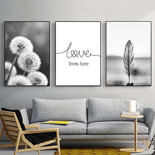 GLITZFAS 3er Set Premium Poster Set, Moderne Schwarz Weiß Feder Löwenzahn Kunstdruck Wandbild, Pusteblumen Bilder Wanddeko Wohnzimmer, OHNE Rahmen (Stil A,40 x 50 cm) von GLITZFAS