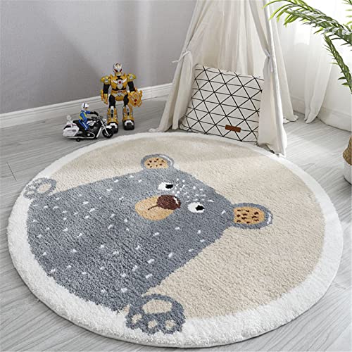 GLITZFAS Rund Kinderteppich, Flauschige Kinderteppich Cartoon-Tiere Runder Teppich Faux-Lamm Kurzflor Teppich für Kinderzimmer Mädchen Jungs (Grauer Bär,Durchmesser 120cm) von GLITZFAS