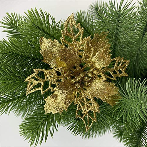 GLITZFAS Weihnachtsbaumschmuck, 12Stk 16cm Weihnachtsstern Glitzer Weihnachten künstliche Blume für Weihnachten Weihnachtsbaum Kranz Garland Ornament Party Dekoration (Gold) von GLITZFAS