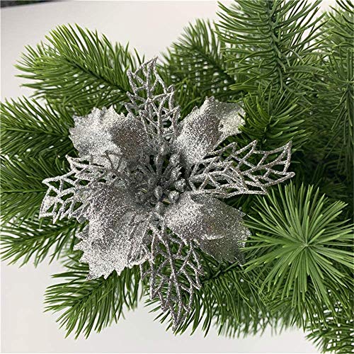 GLITZFAS Weihnachtsbaumschmuck, 12Stk 16cm Weihnachtsstern Glitzer Weihnachten künstliche Blume für Weihnachten Weihnachtsbaum Kranz Garland Ornament Party Dekoration (Silber) von GLITZFAS