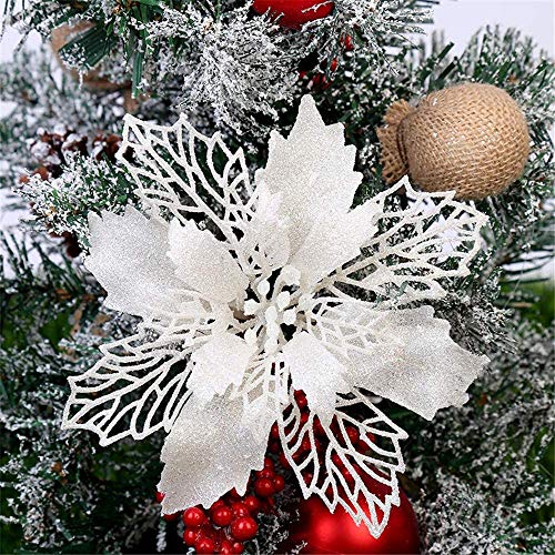 GLITZFAS Weihnachtsbaumschmuck, 12Stk 16cm Weihnachtsstern Glitzer Weihnachten künstliche Blume für Weihnachten Weihnachtsbaum Kranz Garland Ornament Party Dekoration (Weiß) von GLITZFAS