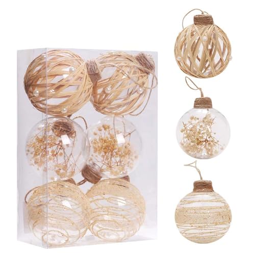 GLITZFAS Weihnachtskugel Set 6 Stück, 8 cm Klare Weihnachtskugeln aus Kunststoff Weihnachtsbaumschmuck Boho Beige Christbaumkugeln Hängende Christmas Decorations Ornamente (Beige B) von GLITZFAS