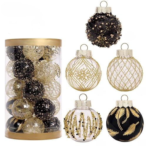 GLITZFAS Weihnachtskugeln 6cm 25 Stück, Glitzernd Weihnachtsbaumschmuck Christbaumkugeln Sets Kunststoff Glänzend Christmas Decorations Baumschmuck Ornamente (Schwarz und Gold) von GLITZFAS