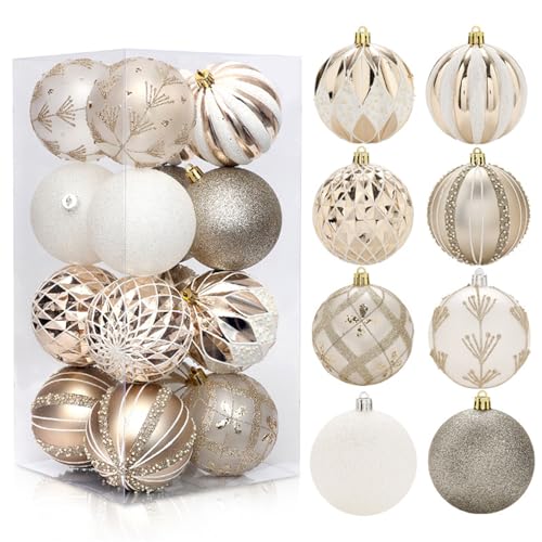 GLITZFAS Weihnachtskugeln 8cm 16 Stück, Kunststoff Christbaumkugeln Weihnachtsdeko Weihnachtsbaumschmuck mit Aufhänger Baumschmuck Weihnachten Deko Ornamente (Champagner) von GLITZFAS