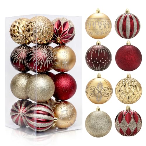 GLITZFAS Weihnachtskugeln 8cm 16 Stück, Kunststoff Christbaumkugeln Weihnachtsdeko Weihnachtsbaumschmuck mit Aufhänger Baumschmuck Weihnachten Deko Ornamente (Rot und Gold) von GLITZFAS