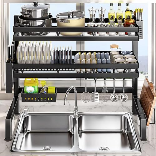 GLJTUO Abtropfgestell Für Geschirr Über Der Spüle, Abtropfgestell Mit 3 Ebenen Über Der Spüle, Abtropfgestell-Organizer-Regal Mit Utensilien Für Die Küchentheke, Karbonstahl-75Cm/29.5In von GLJTUO