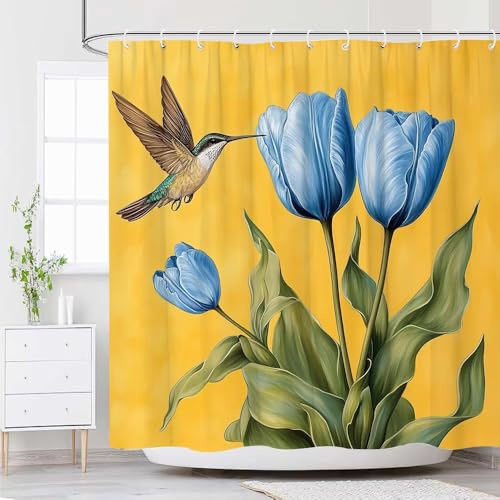 3D-HD-Druck-Kunst-Duschvorhang mit Kolibri- und Tulpen-Design, Farben gegen Badevorhang für Nassräume, Badewanne, Duschkabine (200 x 182 cm (B x H)) von GLKSDLPO