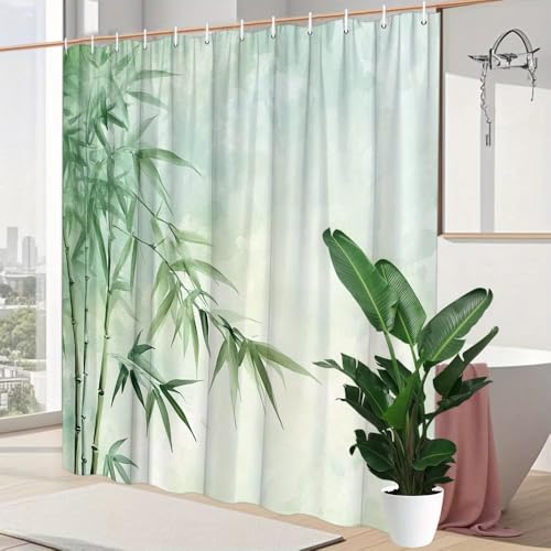 GLKSDLPO Duschvorhang mit Bambus-Aquarellmotiv – schlanke grüne Bambusstiele und schmale Blätter auf sanftem Pastellfarbverlauf für Nassräume (300 x 180 cm (B x H)) von GLKSDLPO