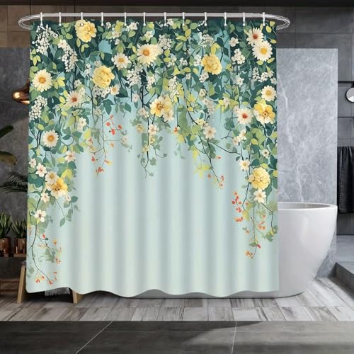 GLKSDLPO Extra Langer, eleganter Duschvorhang mit Blumenmuster – 3D-HD-Druck mit gelben Rosen und weißen Gänseblümchen, ruhige Badezimmerdekoration (155 x 233 cm (B x H)) von GLKSDLPO