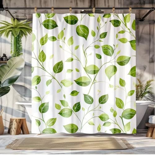 GLKSDLPO Extra Langer Duschvorhang mit frischem grünen Blattmuster – 3D-HD-Druck, Badevorhang für Nassräume, Badewanne, Duschkabine mit 12 Haken (165 x 214 cm (B x H)) von GLKSDLPO