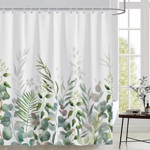GLKSDLPO Grüner und magentafarbener Duschvorhang mit Pflanzen für das Badezimmer, wasserdicht, schnelltrocknend, grüne Blätter, Duschvorhang mit Haken (180 x 203 cm (B x H)) von GLKSDLPO