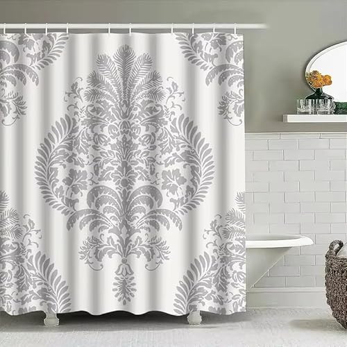 GLKSDLPO Luxuriöser Damast-Duschvorhang, Elegantes weißes Blumenmuster für Badezimmerdekoration, 3D-HD-Druck, Bedruckt für Nassräume (153 x 153 cm (B x H)) von GLKSDLPO