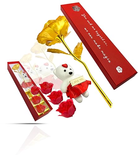GLLOREE Gold Rose 24 Karat, vergoldete Rose 24 Karat, Geschenk für Freundin, Goldene Rose, Valentinstagsgeschenk, Romantisches Geschenkbox-Set, 24 Karat Goldfolie Rose (Rot) von GLLOREE